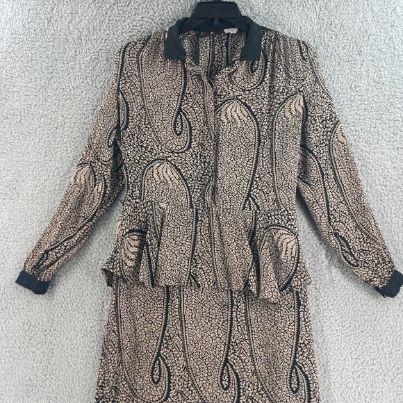 Vtg Saint Romei Womens Dress Silk Sz 10 Peplum 1980s Black Tan - Picture 13 of 14